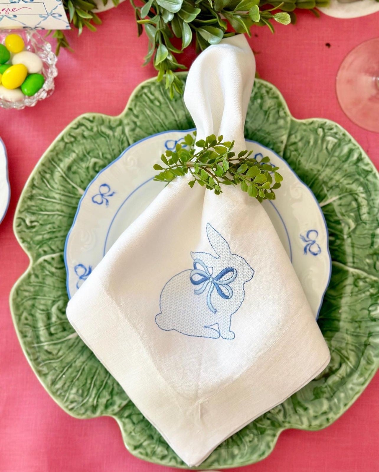 Blue and White Chinoiserie Bunny Embroidered Dinner Napkins 