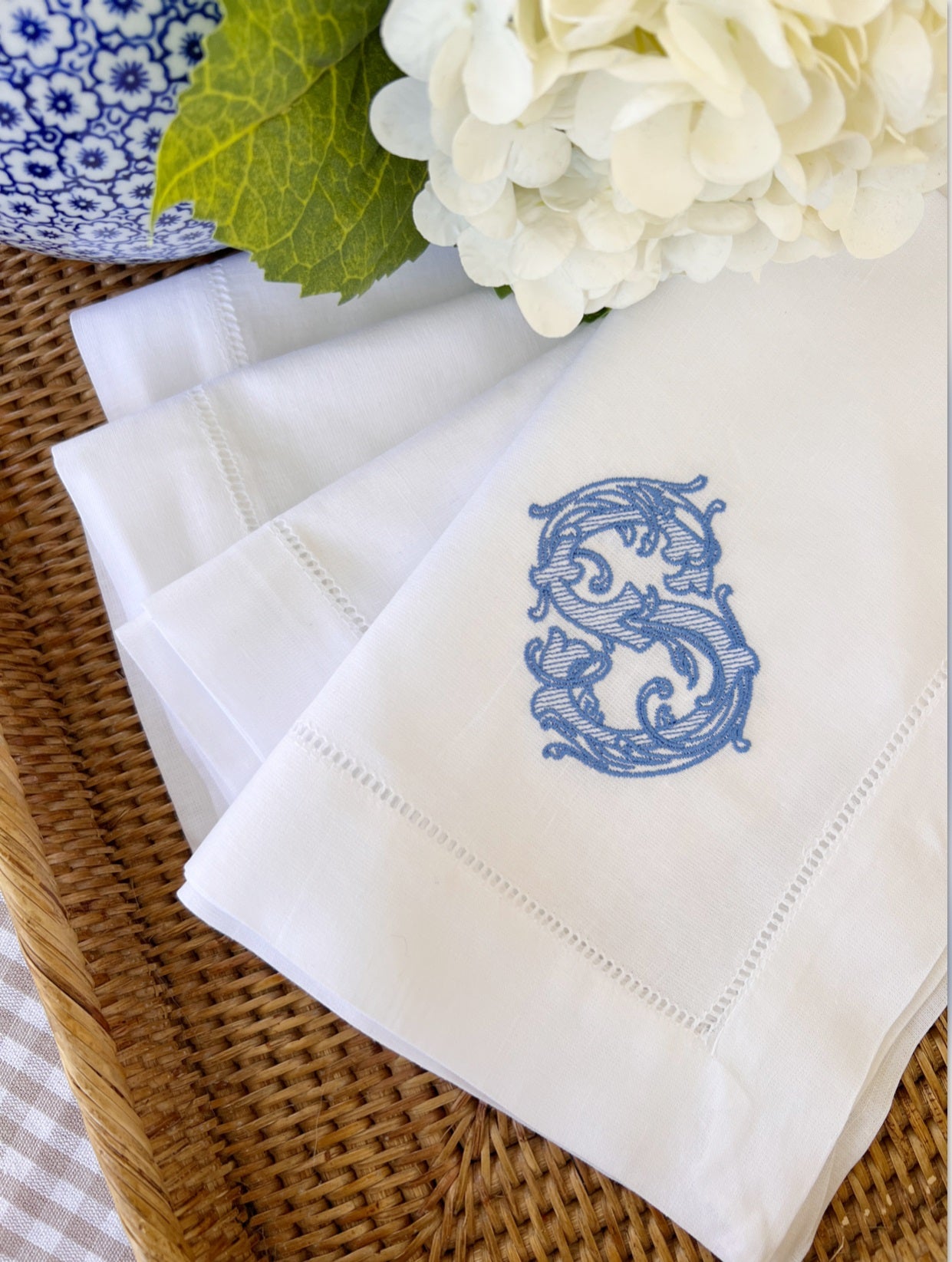 Custom Embroidered Two Initial Monogram Couture Linen Dinner Napkins