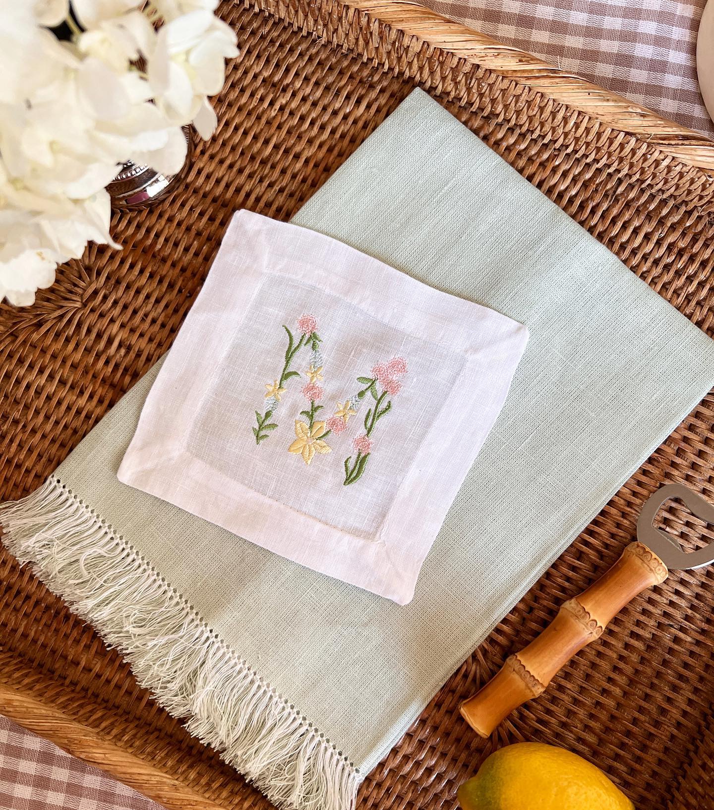 Floral Alphabet Embroidered Cocktail Napkin for spring entertaining and tabletop