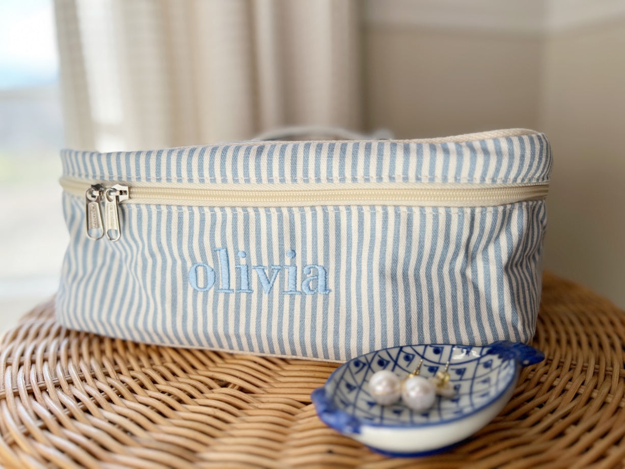 light blue striped embroidered monogram train case