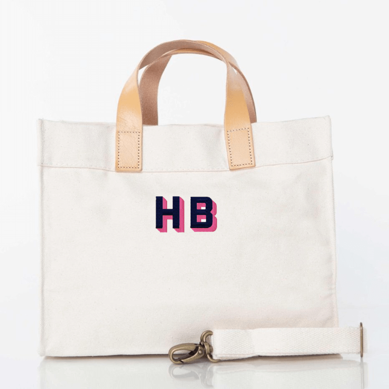 Mini Everything Tote- Canvas Open Top Tote with Leather handles,  monogrammed