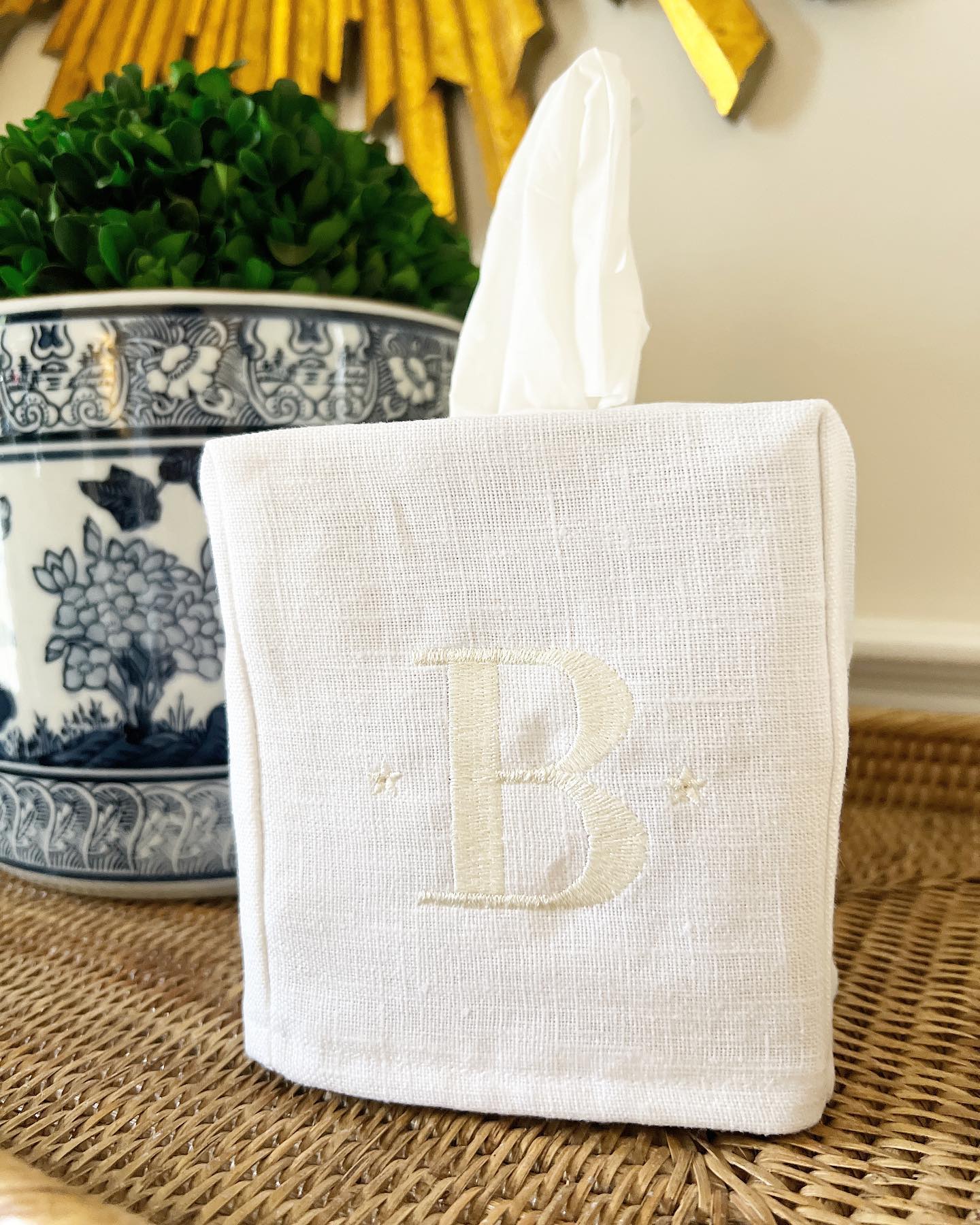 monogrammed linen tissue box cover 