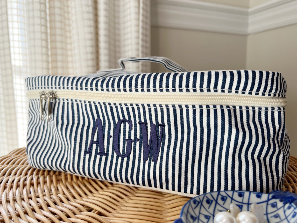 Navy striped train case monogrammed