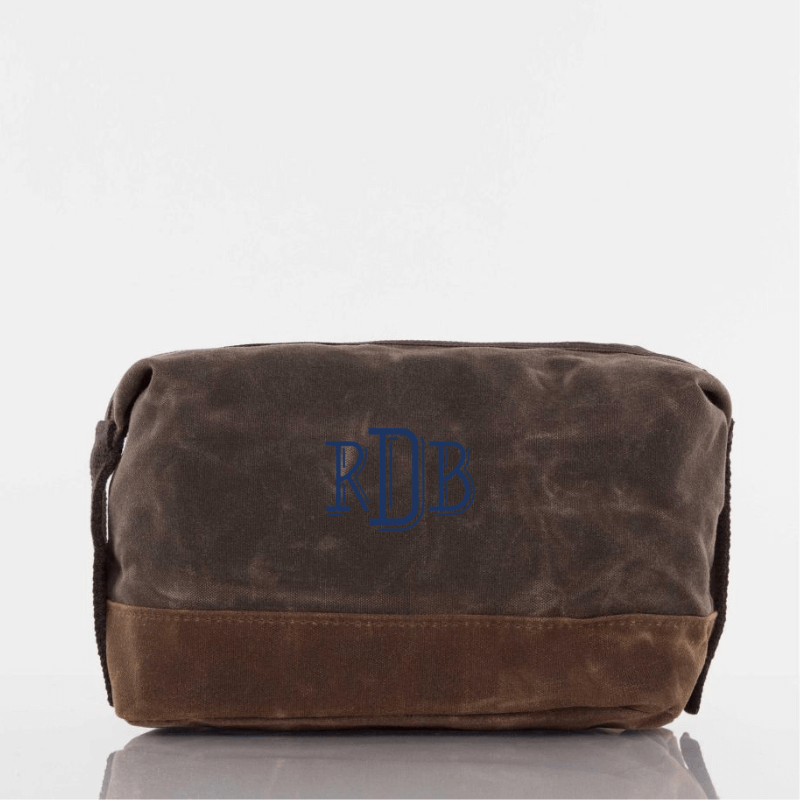 Embroidered Brown Leather Dopp Kit Travel Bag
