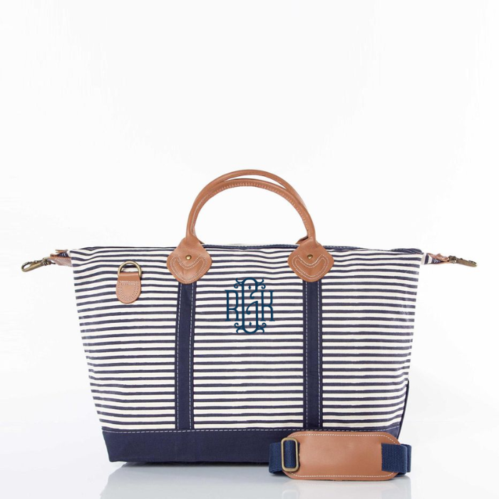 personalized stripes canvas duffle bag with leather handles for weekend trip