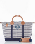 personalized stripes canvas duffle bag with leather handles for weekend trip