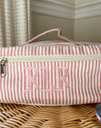 pink stripes canvas train case monogrammed