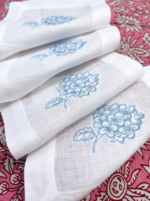 Blue Hydrangea Embroidered Linen Cocktail Napkins