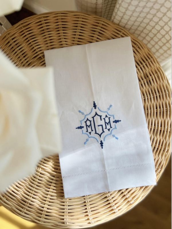 Embroidered Linen Chinoiserie Monogram Hand Towel