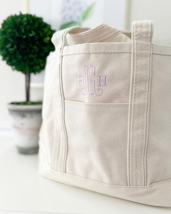 Embroidered Neutral Canvas Boat Tote with Lavender Monogram