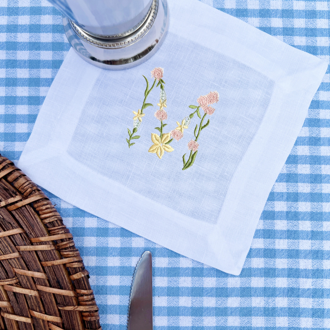 Floral Alphabet Embroidered Linen Cocktail Napkins for Hostess Gift and Spring Entertaining