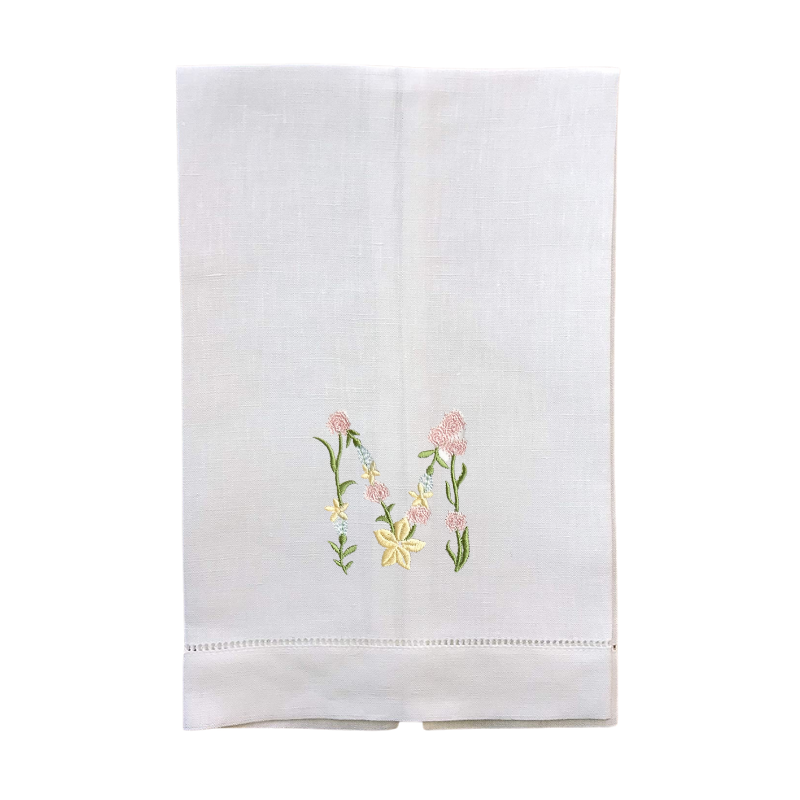 Floral Alphabet Embroidered Linen Guest Towel