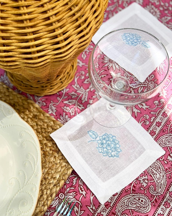 Blue Hydrangea Embroidered Linen Cocktail Napkin Set