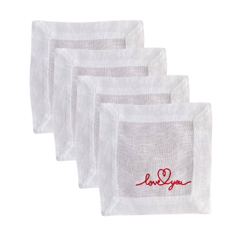 Love You Embroidered Linen Cocktail Napkin Set for Valentine's or Galentine's Day Gift