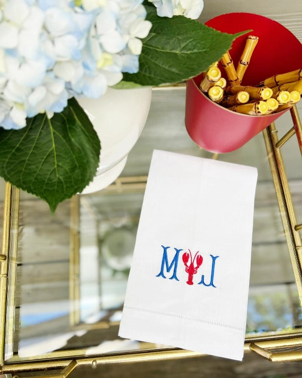 Monogram Lobster Summer Inspired Linen Hand Towel