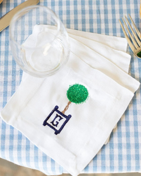 Monogram Boxwood Topiary Ball Embroidered Linen Cocktail Napkins