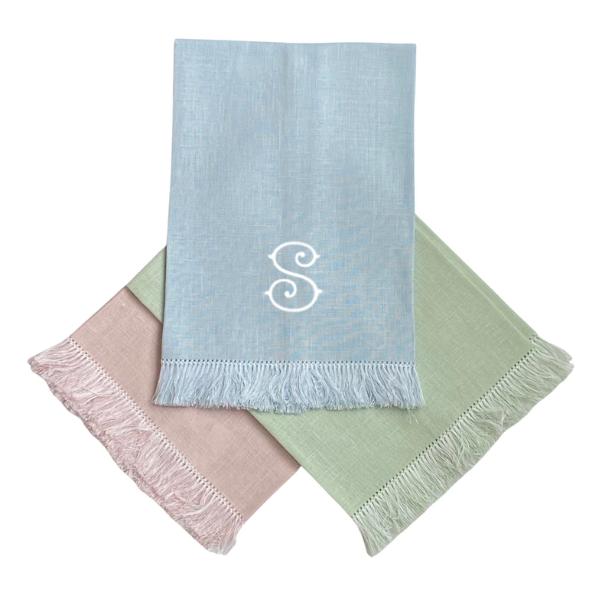 Monogrammed Fringe Guest Towels in pink, blue, and green