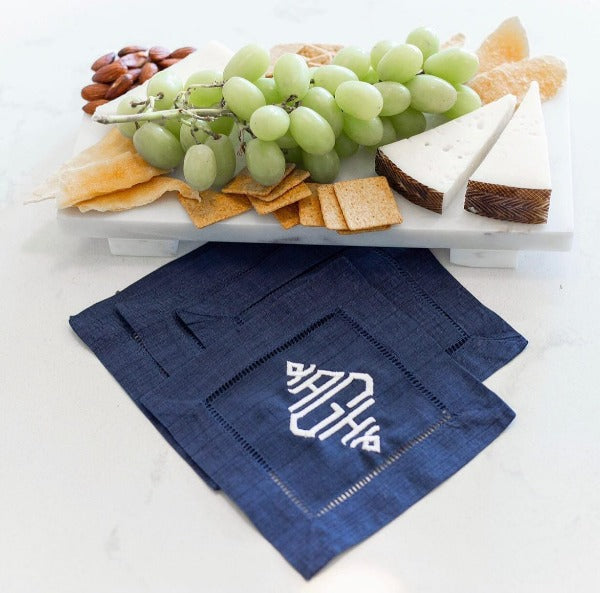 Monogram Navy Blue Linen Cocktail Napkins