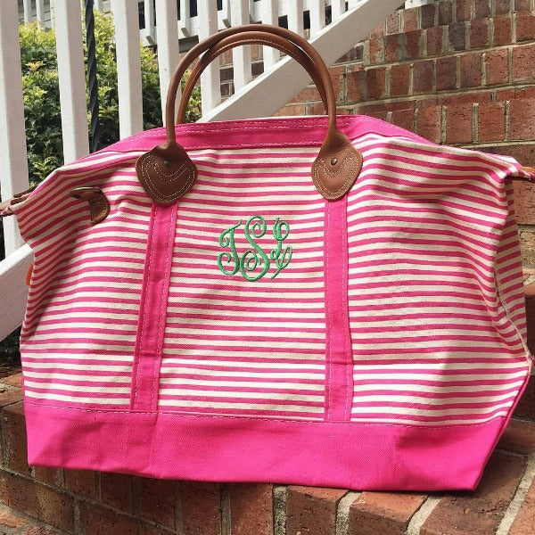 Pink Stripe Monogrammed Weekender Bag, Embroidered