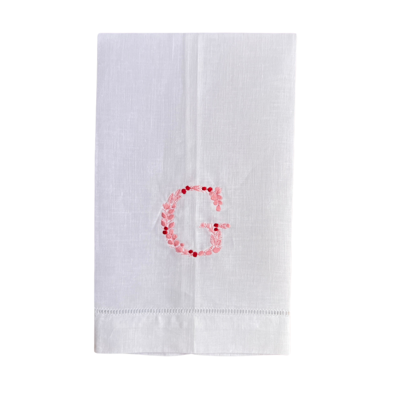 Pink and Red Floral Embroidered Initial Tea Towel 