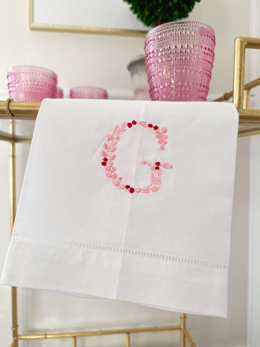 Pink and Red Floral Letter Embroidered Linen Tea Towel for Valentines or Galentine's Day Bar Cart