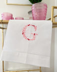 Pink and Red Floral Letter Embroidered Linen Tea Towel for Valentines or Galentine's Day Bar Cart