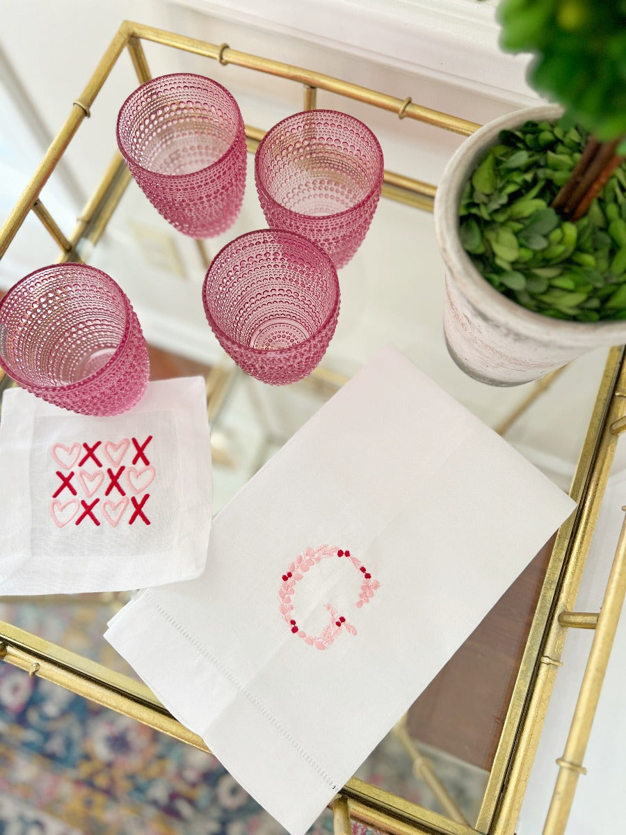 Pink and Red Linen Tea Towel and Cocktail Napkin set for Valentine's Day bar cart