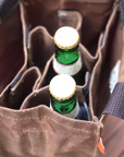 Interior of waxed canvas men's beer tote